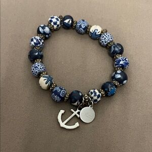 Jilzarah Nautical Blue and White Beaded Bracelet with Anchor Charm